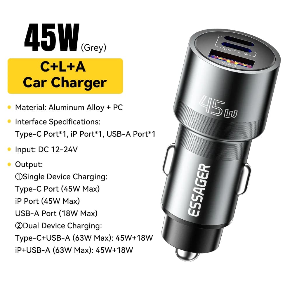 45W USB-C auto nabíječka s PD a QC 3.0