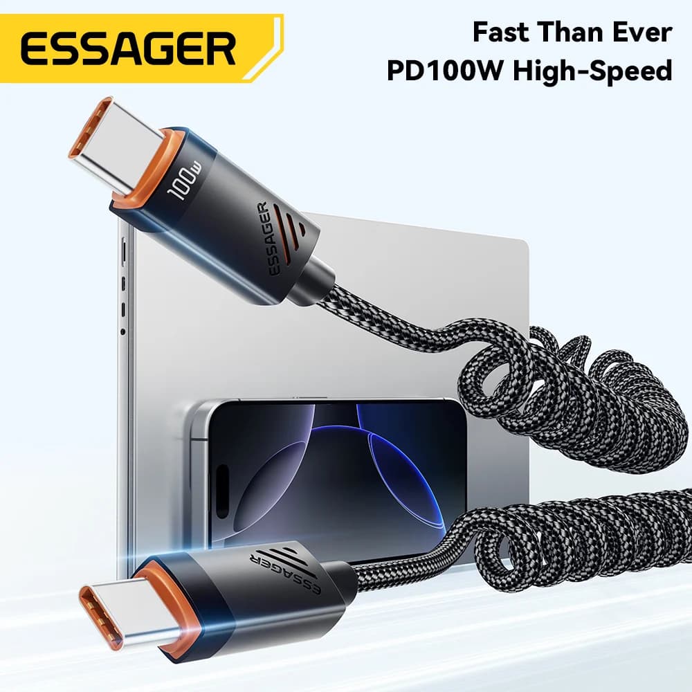 100W spirálový USB-C na USB-C rychlonabíjecí kabel