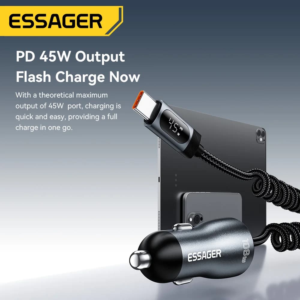 108W automobilová nabíječka s USB-C, USB-A a pružinovým kabelem