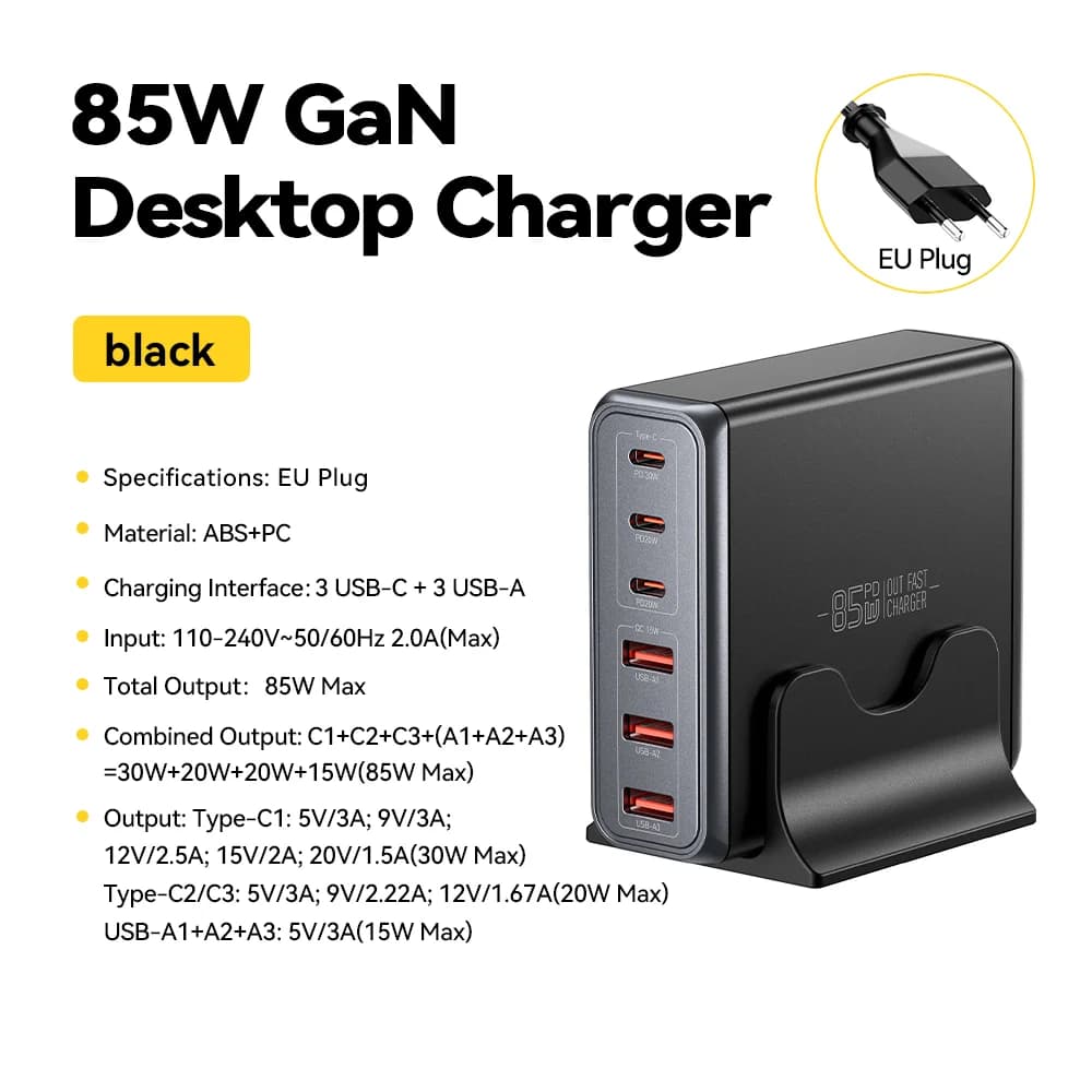Stolní nabíjecí stanice GaN USB-C, 85W, 6 portů