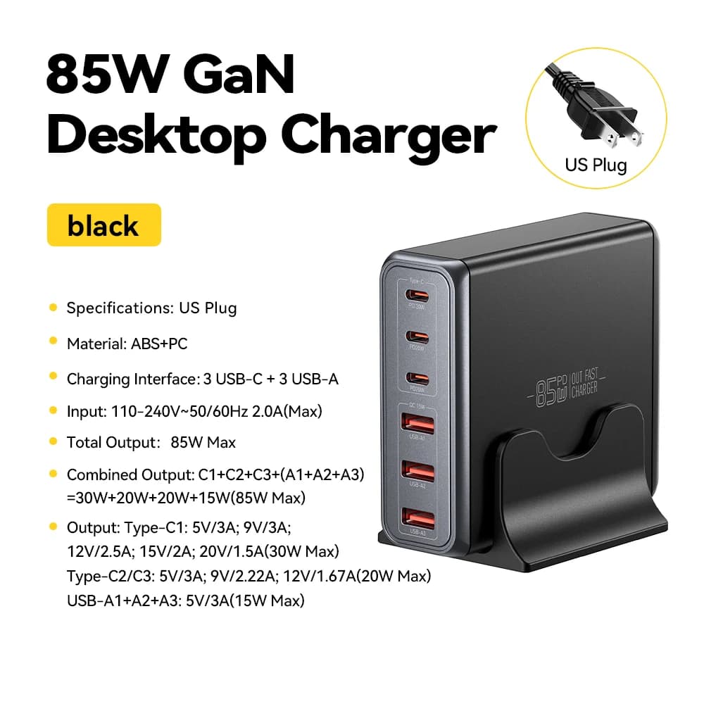 Stolní nabíjecí stanice GaN USB-C, 85W, 6 portů