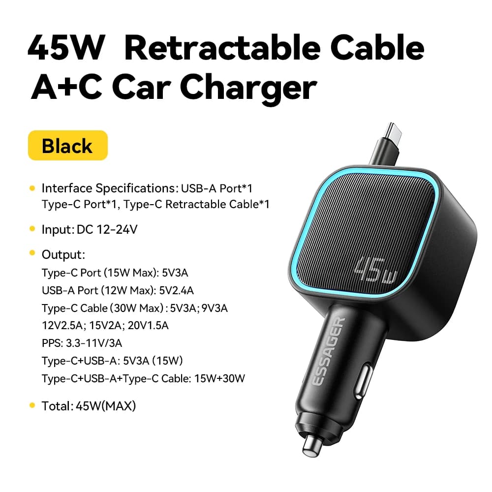 45W auto nabíječka s 75cm výsuvným PD kabelem