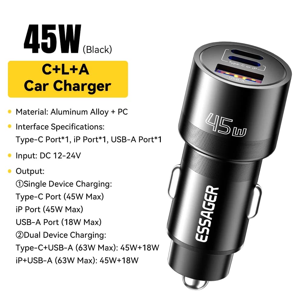 45W USB-C auto nabíječka s PD a QC 3.0