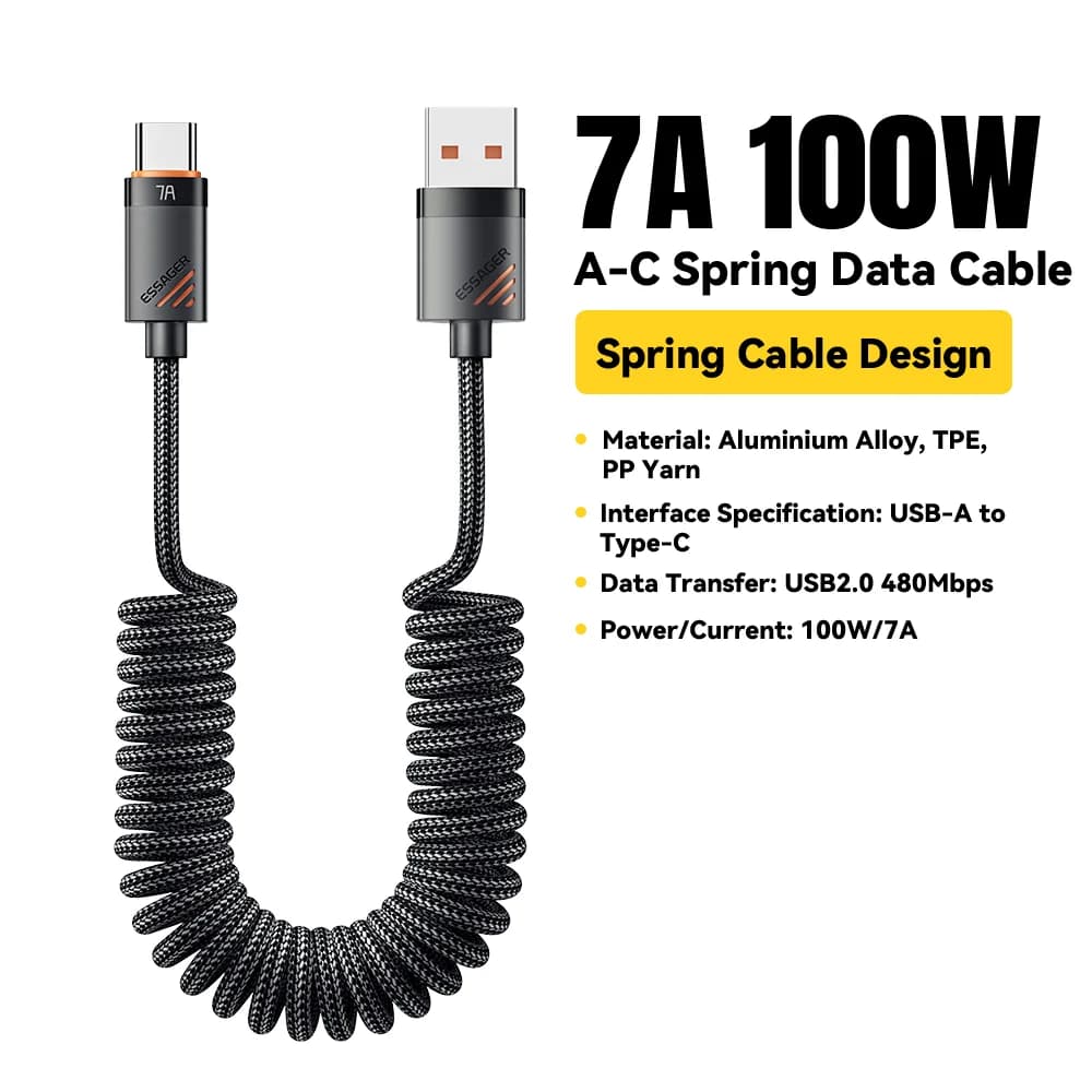 100W spirálový USB-C na USB-C rychlonabíjecí kabel