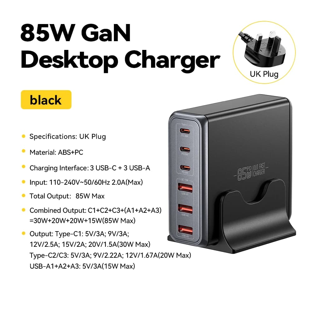 Stolní nabíjecí stanice GaN USB-C, 85W, 6 portů